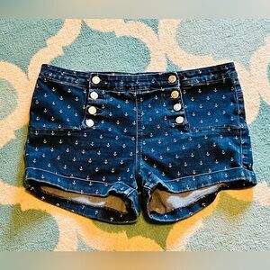 Rue 21 Sailor Buttoned Navy & White Anchor Denim High Waist Cuffed Shorts Junior